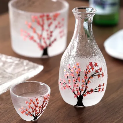 Hammerhead Frosted Sakura Sake Flask Set with Plum Wine Glasses - Wholesale