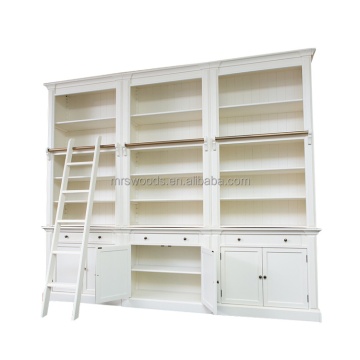 Solid Wood 3-Bay Library Bookcase with Ladder: White Home Furniture for Living Room Showcase and Storage