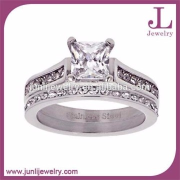 2 PCS Silver Stainless Steel Ring Set Cubic Zirconia Engagement Wedding Ring