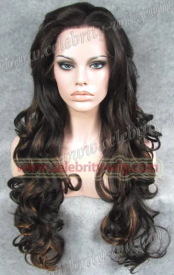Kim Kardashian Long Wavy Brown Highlighted Synthetic Lace Front Wig