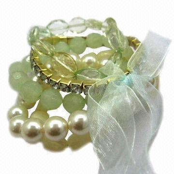 Beaded Bracelet with Lace, Made of Acrylic Beads, Plastic Pearl and Acrylic Stone Chain