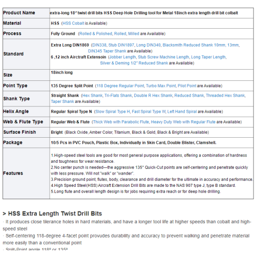 Дюймовые авиационные сверла из быстрорежущей стали сверхдлинной серии