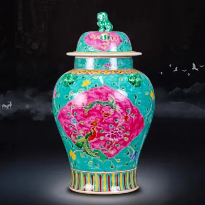 Hand-Painted Phoenix and Lion Head Ceramic Vase