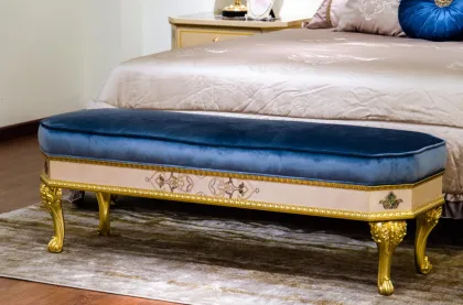 European Design Classical Luxury Solid Wood Bed with Matching Footstool - Royal Blue