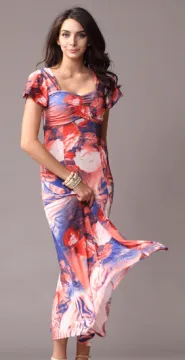 Pretty Steps 2016 Fashion Women Clothing Short Sleeve Flower Printed Flare Vintage Maxi Dress Long Chiffon Women Dress