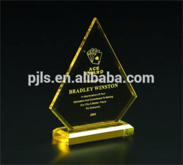 glass trophy award with yellow base custom made glass trophy