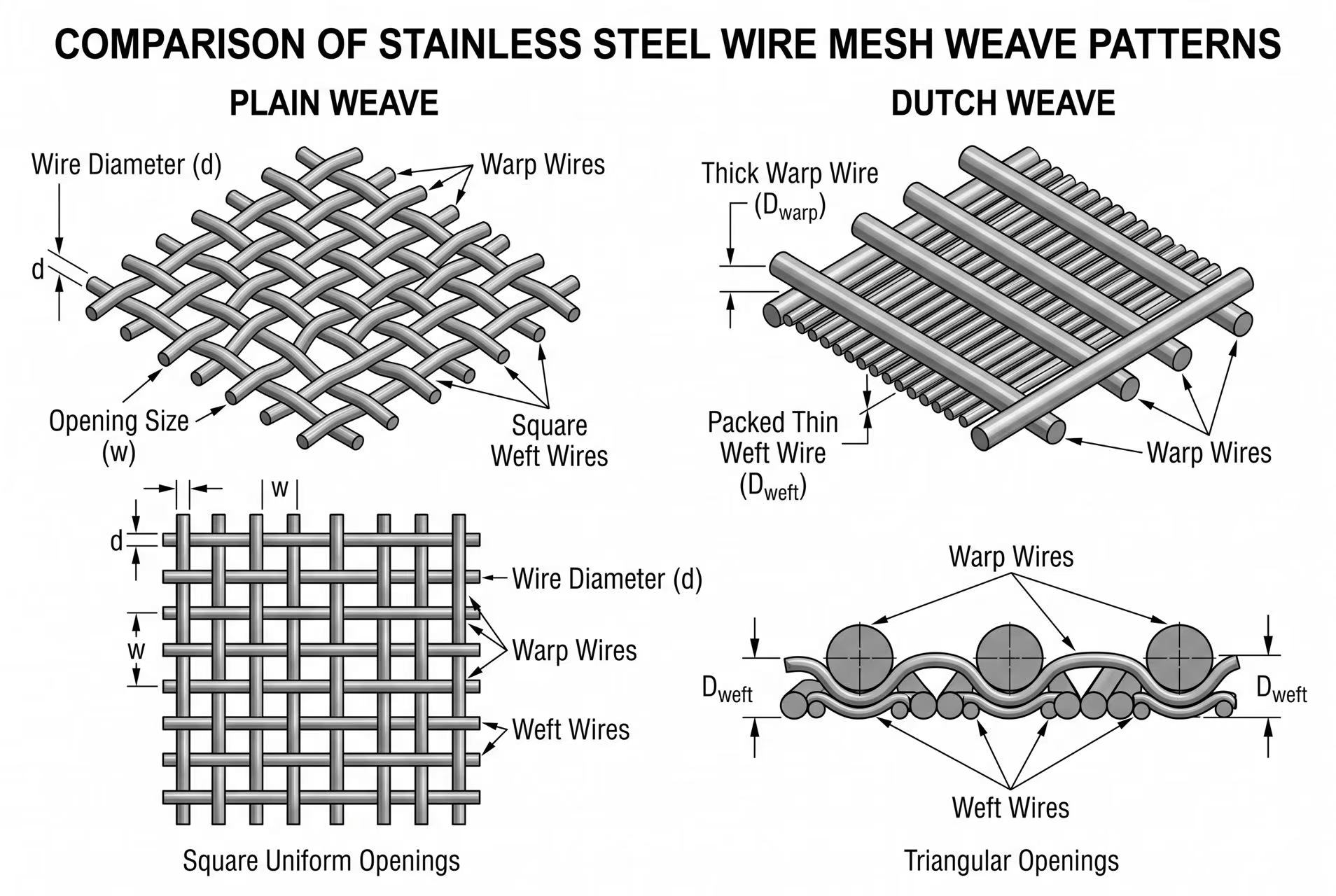 ANJIA Group stainless steel filter mesh weave pattern comparison showing plain weave square opening versus Dutch weave triangular opening