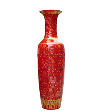 Chinese Red Glazed Floor Vase with Flower Pattern for Office & Hotel Decoration