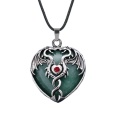 Green Aventurine Heart Antique Silver Double Dragon Stone Pendant (32x42mm) Keychain