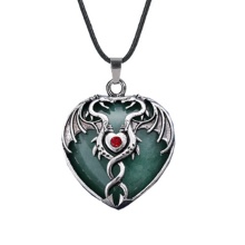 Green Aventurine Heart Antique Silver Double Dragon Stone Pendant (32x42mm) Necklace 45cm Black Cord