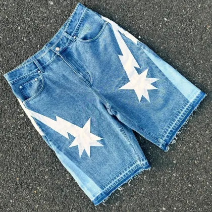 Custom Distressed Embroidery Patches Raw Hem Denim Shorts - Trendy Streetwear Jorts for Men