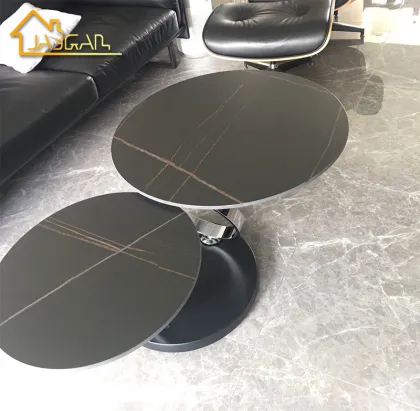 Black Rotating Coffee Table with Marble Ceramic Top and Metal Base - Two Tables Together