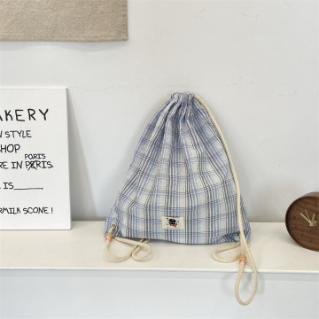 Reusable Vintage Portable Blue Plaid Canvas Drawstring Bag