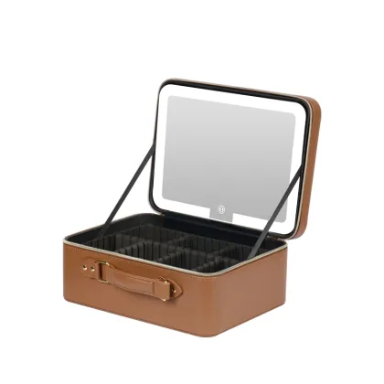 Adjustable Light Mirror Custom Brown PU Leather Makeup Bag