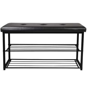 Black PU Leather Upholstered Square Metal Frame Entryway Shoe Rack