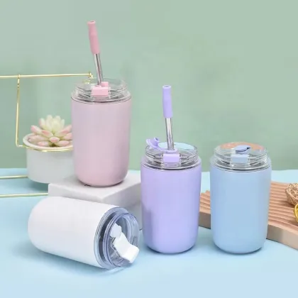 Customizable Insulated Kids Tumbler Cup with Straw - 304 Stainless Steel Vacuum Milk Cup, 500ML Thermos Coffee Straw Cup