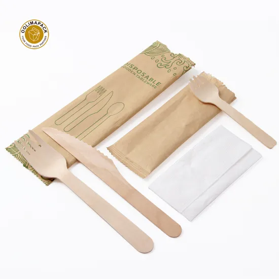 Custom Printed Birch Disposable Spoon, Fork, and Knife Set: Eco-Friendly Wooden Cutlery with Individual Packing
