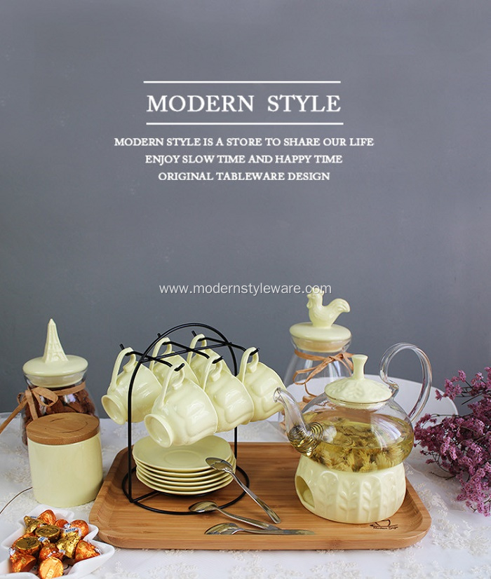 Glass Teapot with Warmer and Ceramic Mug