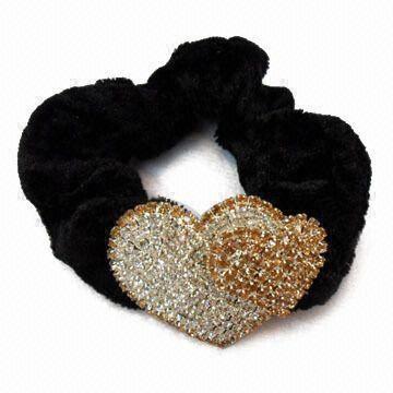 Fancy Ponytail Holder, Decorated with Heart-shaped Charm and Rhinestones