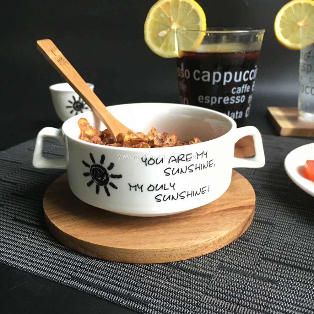 Ceramic Rice/Salad/Milk Bowl With Two Handles Promotional Soup Bowl