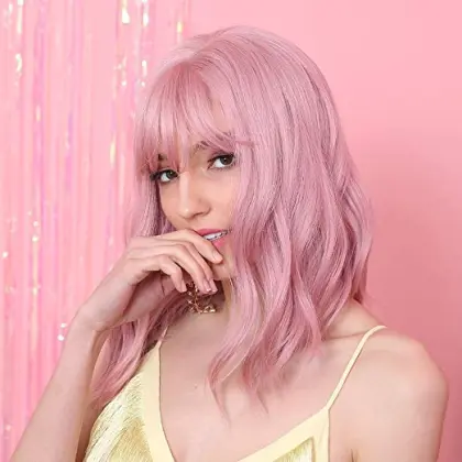 Cute Realistic High Quality Water Wave Short Best Curly Synthetic Bob Cosplay Cheap Pink Paula Young Wigs With Bangs For Women