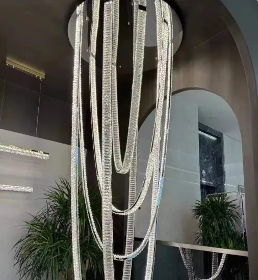 Customized Chrome K9 Crystal Ribbon Tape Chandelier for High Ceiling Staircase