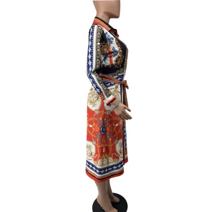 Women's Casual African Long Sleeve Buttons Open Front Belted Long Blouse Shirts Dress Loose Outwear Africa Clothing