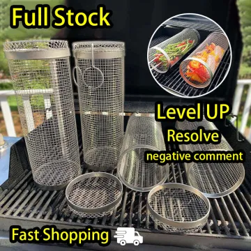 Full Stock Round Stainless Steel Metal Net Tube Bbq Barbecue Basket Cylinder Rolling Grilling Basket