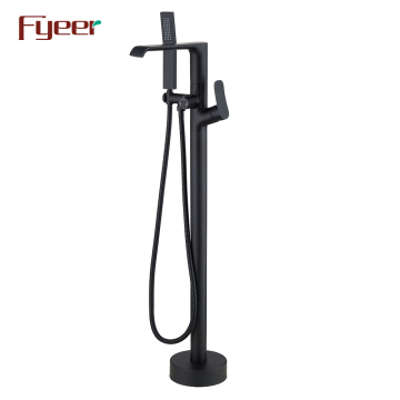 Fyeer Square Body Floor Standing Bathtub Faucet in Black