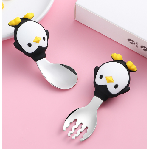 Benutzerdefinierte Penguin-Kleinkinder Silikon Edelstahllöffel Gabel