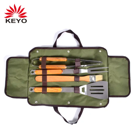 Wooden Handle Cooking Tongs Barbeque Tool Set Grilling Tools Stainless Steel Barbecue Bbq Tools Set With Apron