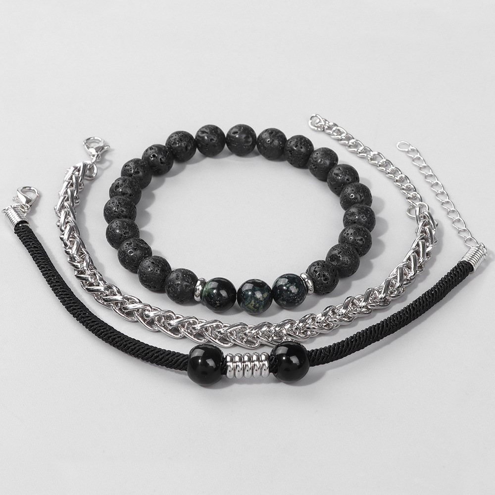 3pcs Un ensemble de perles de pierre précieuse de 8 mm bracelet bracelet en acier inoxydable bracelet en cuir bracelet pour hommes femmes