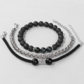 3Pcs a Set 8mm Gemstone Round Beads Bracelet Stainless Steel Bracelet Leather Cord Bracelet for Men Women