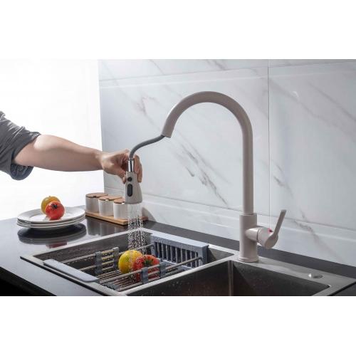 Stainless steel Beige single hole pull-down kitchen faucet