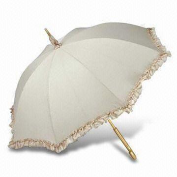Parasols for Ladies, Made of Polyester Fabric with Ruffle, Wooden Shaft and Handle