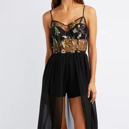 Spaghetti Strap Embroidered Layered Maxi Romper fashion Maxi Dress Women