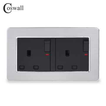 COSWALL Stainless Steel Panel 2 Gang 13A UK / British Standard Switched Socket With Neon Grounded With Children Protective Door