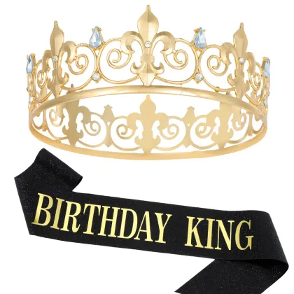 Trendy King Crown Rhinestone Hairband - Gold Royal Prince Headwear for Prom and Parties