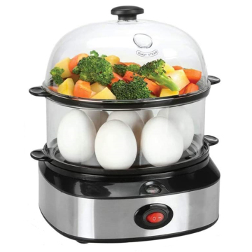 2 Layer Double Tier Rapid Cooking Steam Egg Poacher - 7 Slot Electric Egg Cooker with Steamer Rack