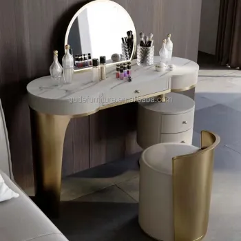 White Luxury Leather Dressing Table with Hidden Mirror and Antique Finish