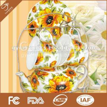 5 pcs porcelain set: 2 cups and 2 saucers and 1 tea pot with metal stand in color box