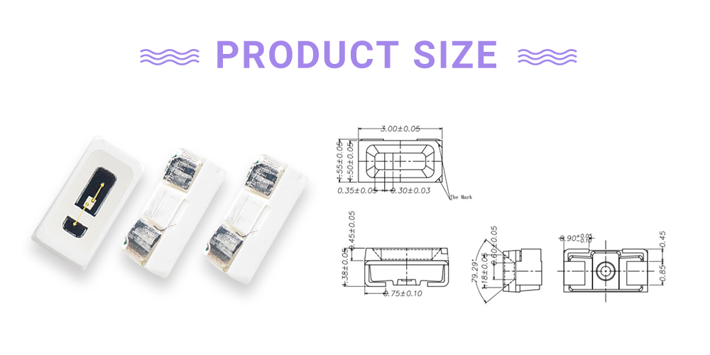 Size of 3015UVC42P1L14 420nm LED Emitter 3014 Side View LED 430nm LED 425nm LED 3014 smd led