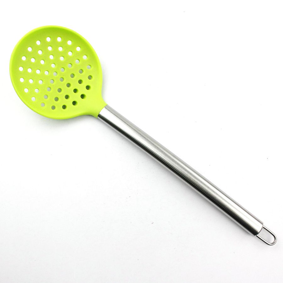 Silicone cozinha skimmer Stay-cool aço inoxidável manipular