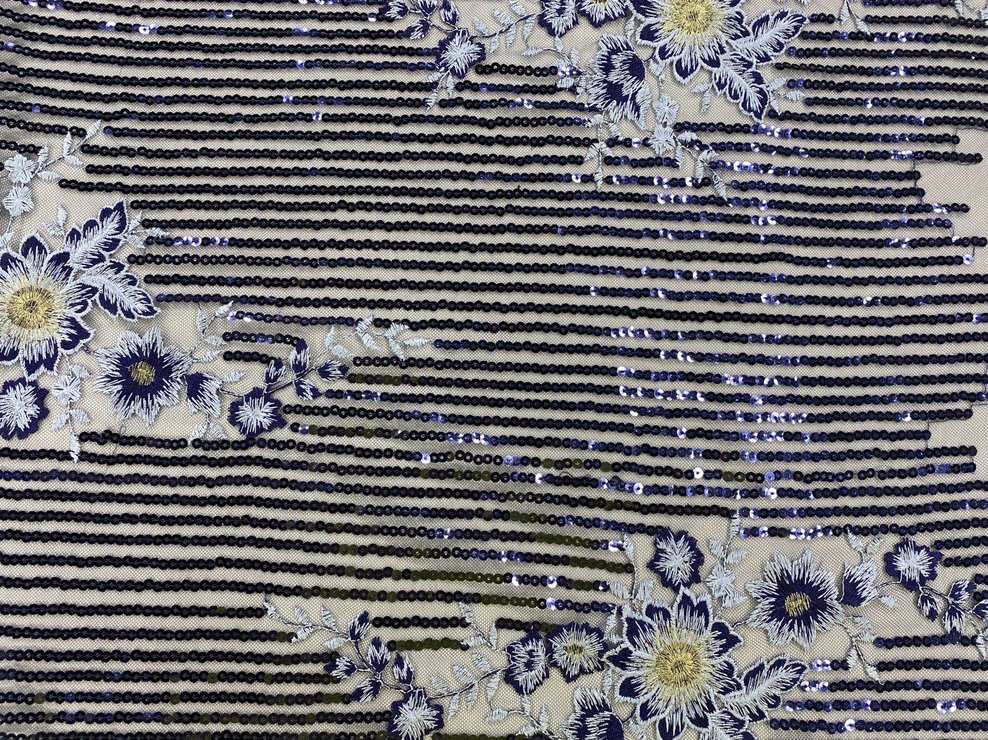 Metallic /Shiny Poly Yarn Navy Sequin Embroidery Fabric