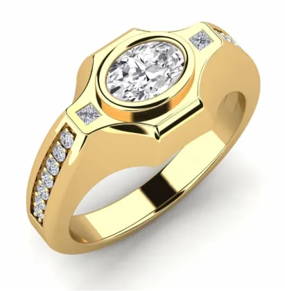 Men's Gold Oval Diamond Bezel Signet Ring