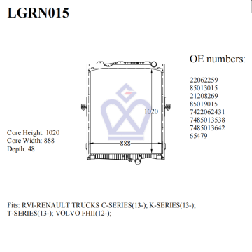 Renault truck radiator, 22062259, 85013015, 21208269, 7422062431, 65479, LGRN015