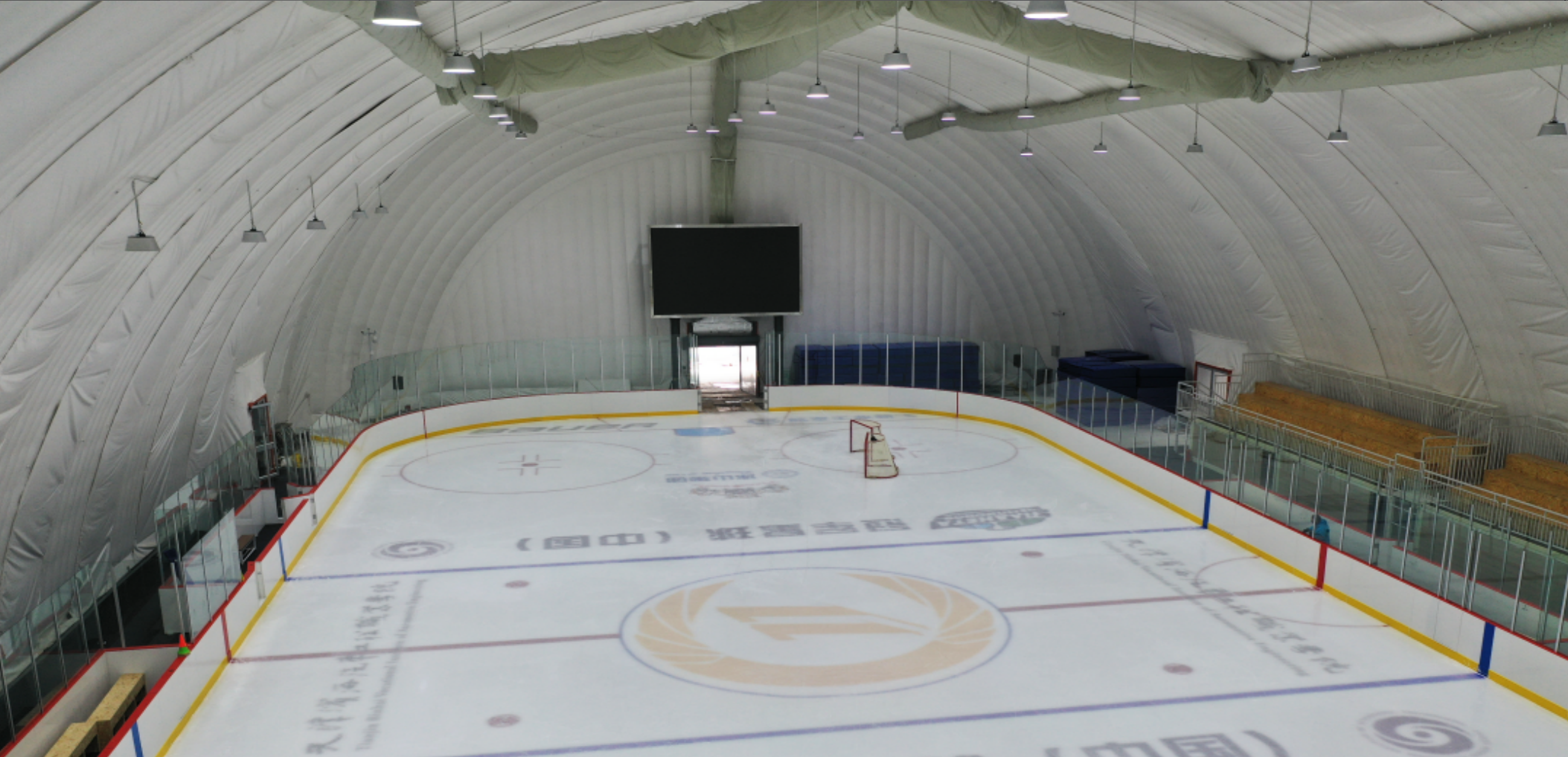 Indoor badminton hall inside an inflatable structure