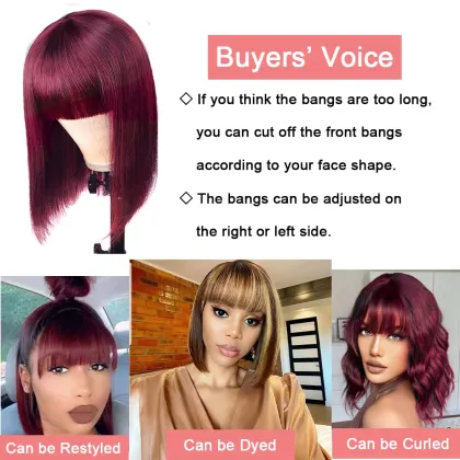Remy Full Machine Made Glueless Bob 99J Red Bob Wig with Bangs - Straight Hair Bob Wigs
