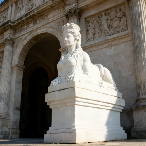 White Marble Sphinx Statue with Serene Female Bust