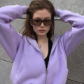 Sweetown 2020 Autumn Zipper Up Pocket Casual Basic Cropped Hoodies For Women Streetwear Long Sleeve Leisure Purple Sweatshirts